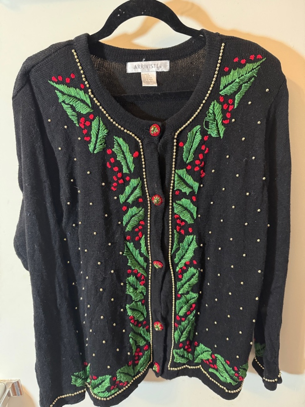 Vintage Arriviste Black Embroidered Holiday Cardigan with Bead Trim - Picture 1 of 7